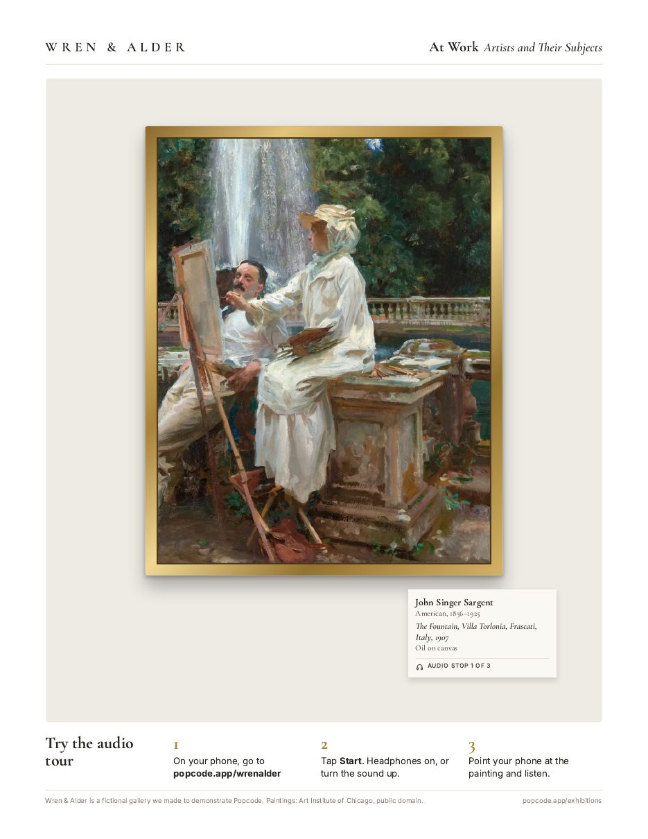A page of the At Work audio tour handout: John Singer Sargent's The Fountain, Villa Torlonia in a gilt frame, with its wall label and three steps to try the tour
