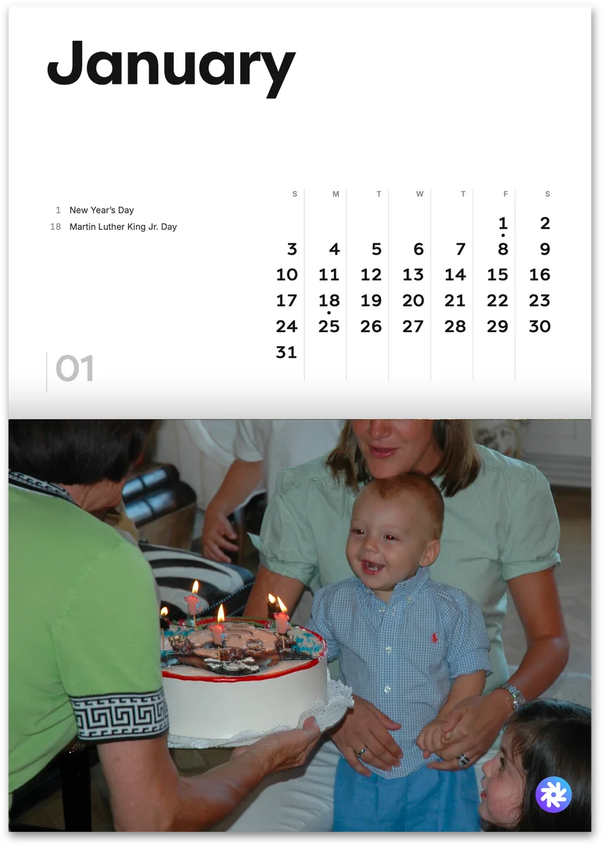 A wall calendar with a family photo